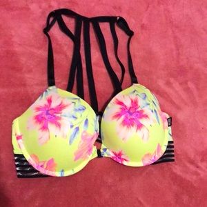 Victoria’s Secret PINK Yellow Floral Strappy Racer Back Front-Clasp Bra sz 34D